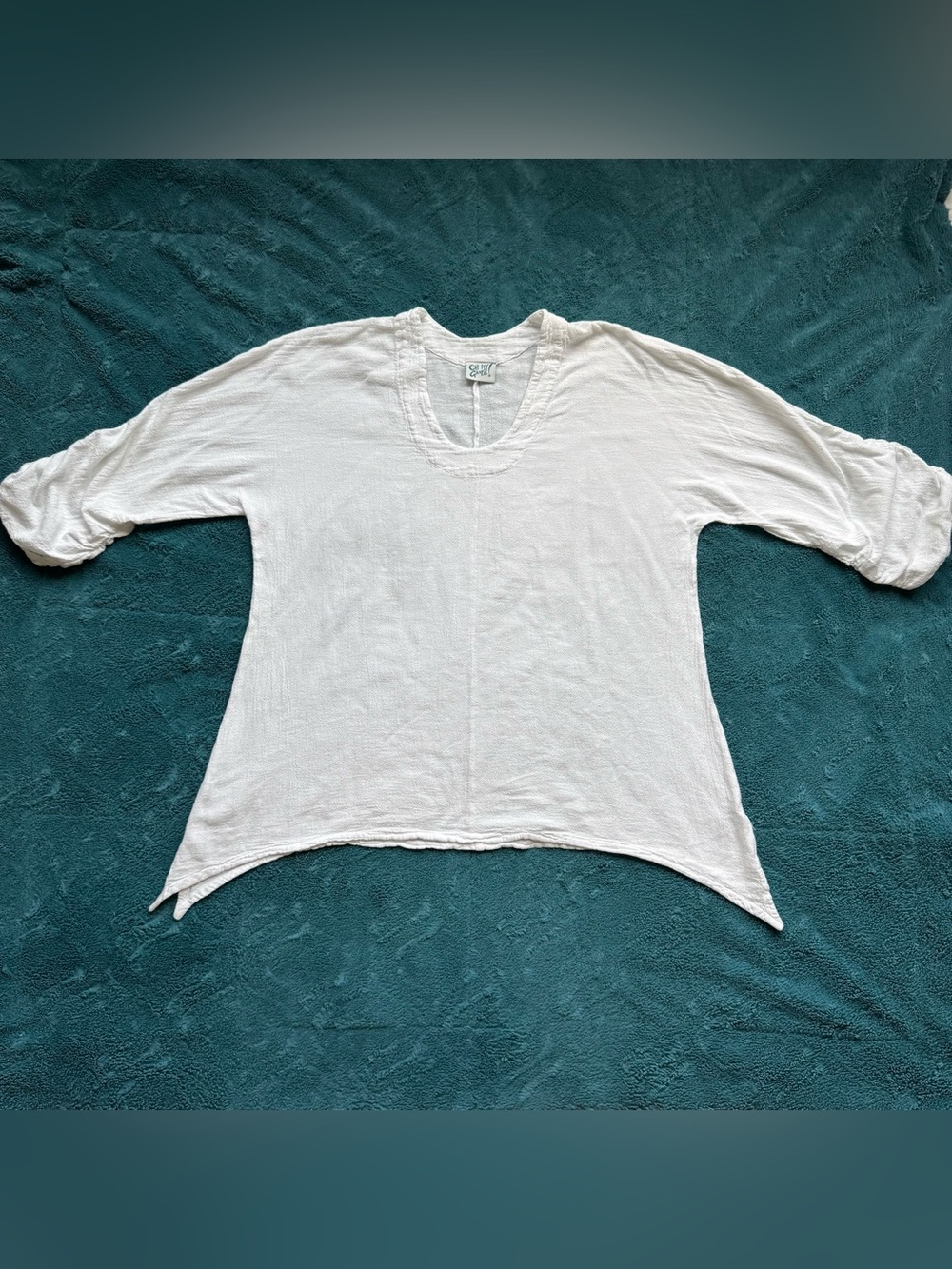 Oh My Gauze Arty Blouse Ruched Sleeves Tunic L XL Sz 2 White Sharkbite Lagenlook